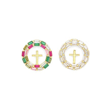 Load image into Gallery viewer, Baguette CZ Pave Gold Cross Circle Pendant, Sku#LX628