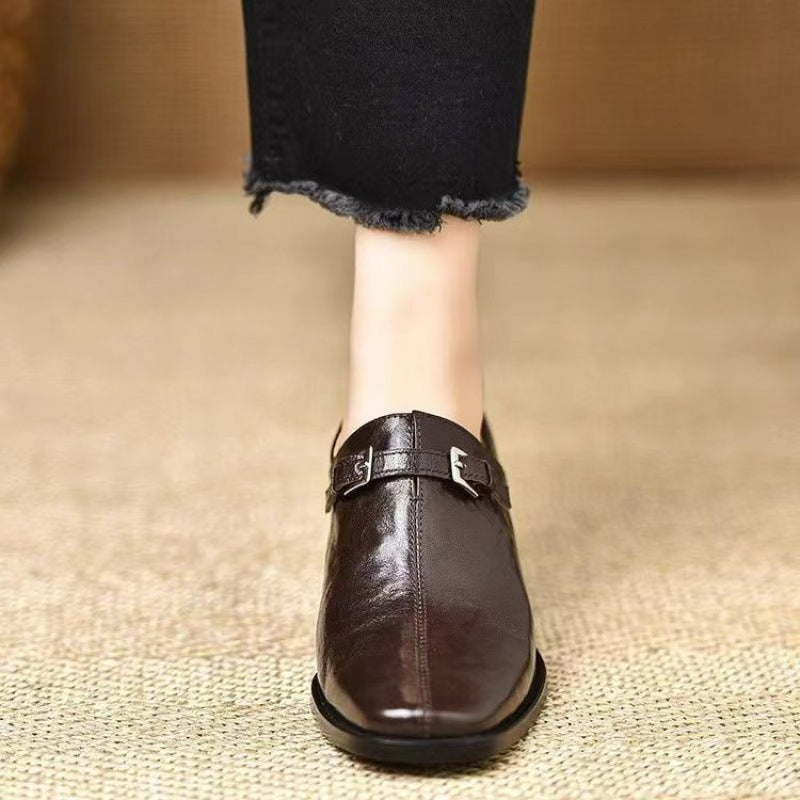Women's Square Toe Wedge Buckle Boots – Leather High-Top Dress Shoes | Black & Dark Brown