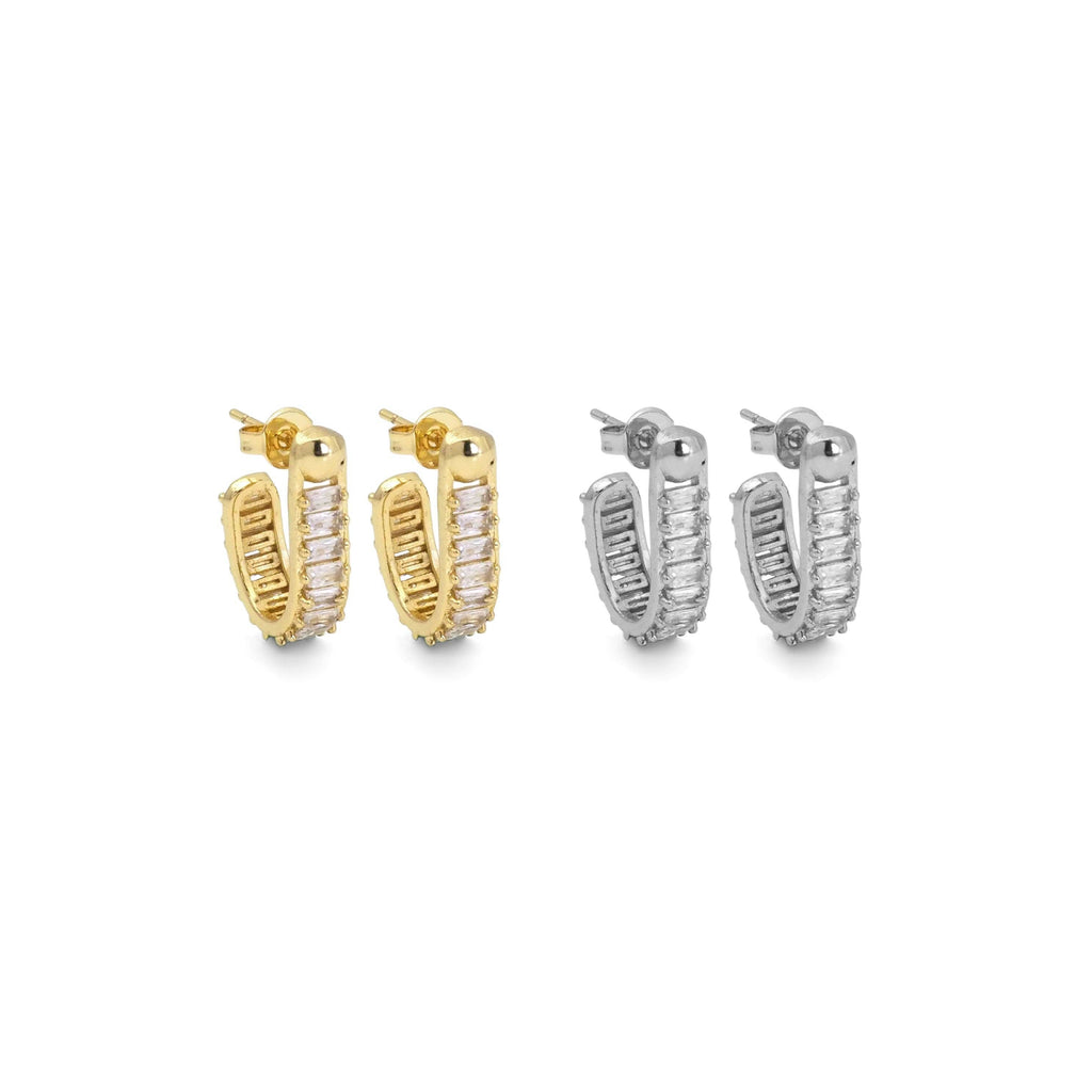 Gold Silver Baguette CZ Oval Shape Earrings, Sku#A127