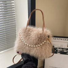 Load image into Gallery viewer, Women's Furry Tote Bag with Pearl Chain Shoulder Strap - Soft Faux Fox Fur Square Handbag