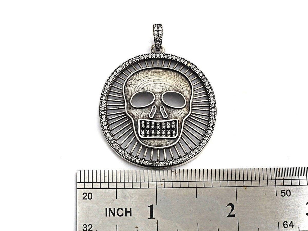 Antique Finish CZ Micro Pave Hollow out Skull Pendant, Silver Tone, 39x46mm,sku#F988C