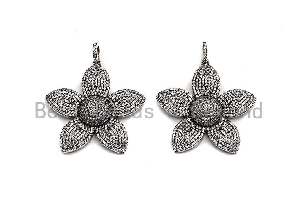 CZ Micro Pave Sakura Flower Pendant, Antique Silver Tone, Clear Cubic Zirconia Big Pave Flower Charm Pendant, 40x41mm,sku#F999C