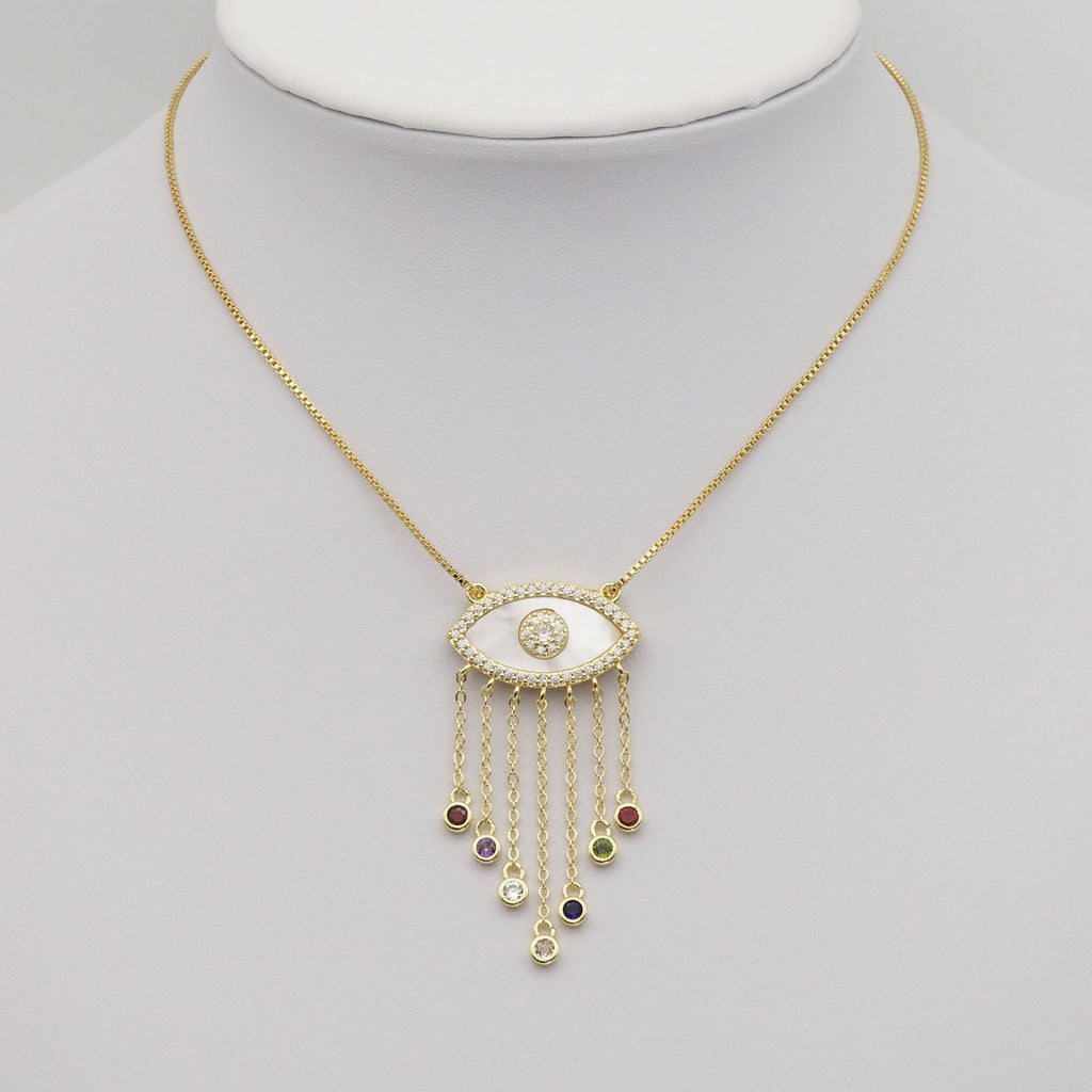 Gold Colorful CZ On Pearl Evil Eye Charm, Sku#LX274