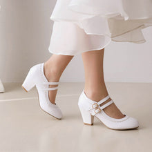 Load image into Gallery viewer, Women's Patent Leather Chunky Heel Mules – Candy Color Round Toe Buckle High Heels