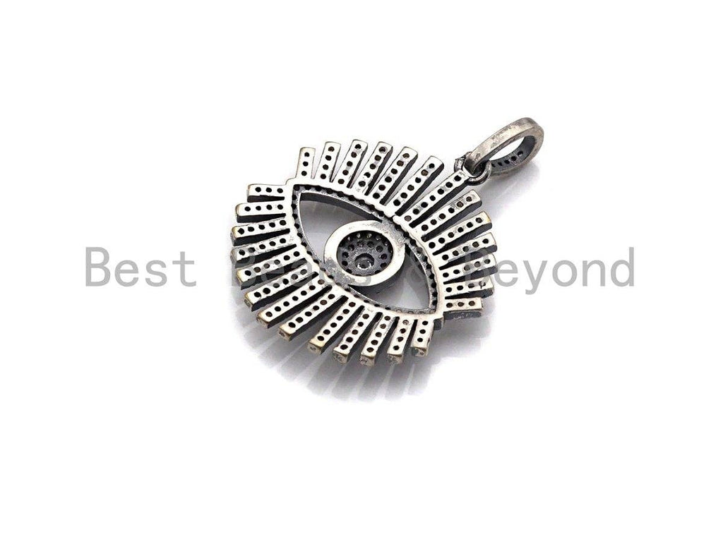 CZ Micro Pave Sparkly Eyelash Shape Pendant, Antique Silver Tone, Cubic Zirconia Pave Pendant, 27x30mm,sku#X131