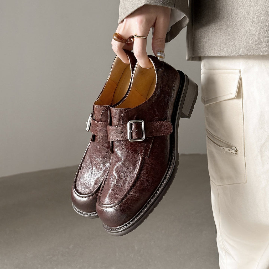 Women's Washed Leather Monk Strap Loafers | Handmade Buckle Low Block Heel Shoes