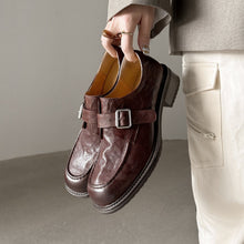 Load image into Gallery viewer, Women's Washed Leather Monk Strap Loafers | Handmade Buckle Low Block Heel Shoes