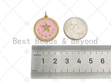 Load image into Gallery viewer, CZ Micro Pave Enamel Pink Five Star On Round Coin Pendant, 18K Gold Pendant, Star Charm, Pink Enamel Charm, 24x22mm,Sku#L565