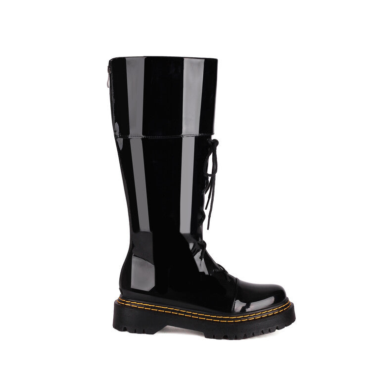 Women's High-Heeled Lace-Up Thigh-High Boots | Chunky Heel Round Toe PU Leather
