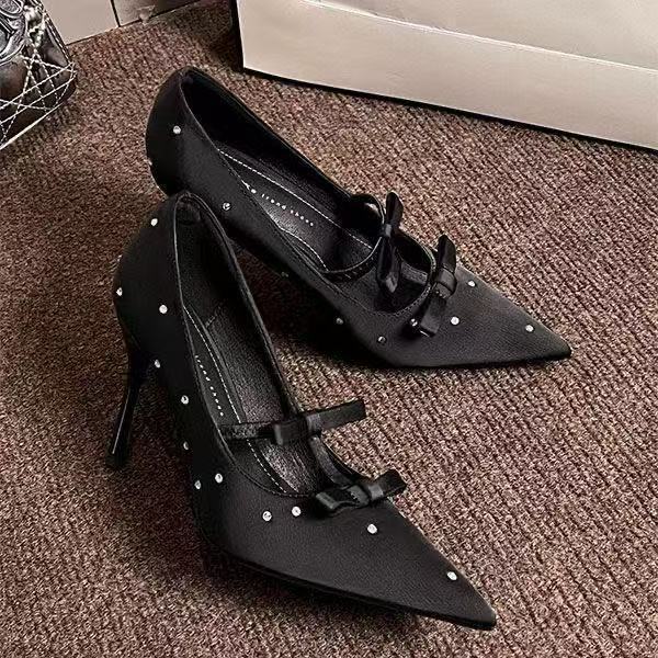 Women's Rhinestone Bow Pointed Toe Stiletto Heels - Elegant Satin High Heels