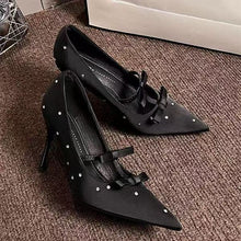 Load image into Gallery viewer, Women's Rhinestone Bow Pointed Toe Stiletto Heels - Elegant Satin High Heels