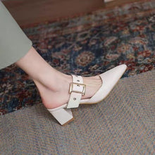 Load image into Gallery viewer, Women's Korean-Style Pointed Toe Chunky Heel Slippers | Microfiber Leather Slip-On Shoes