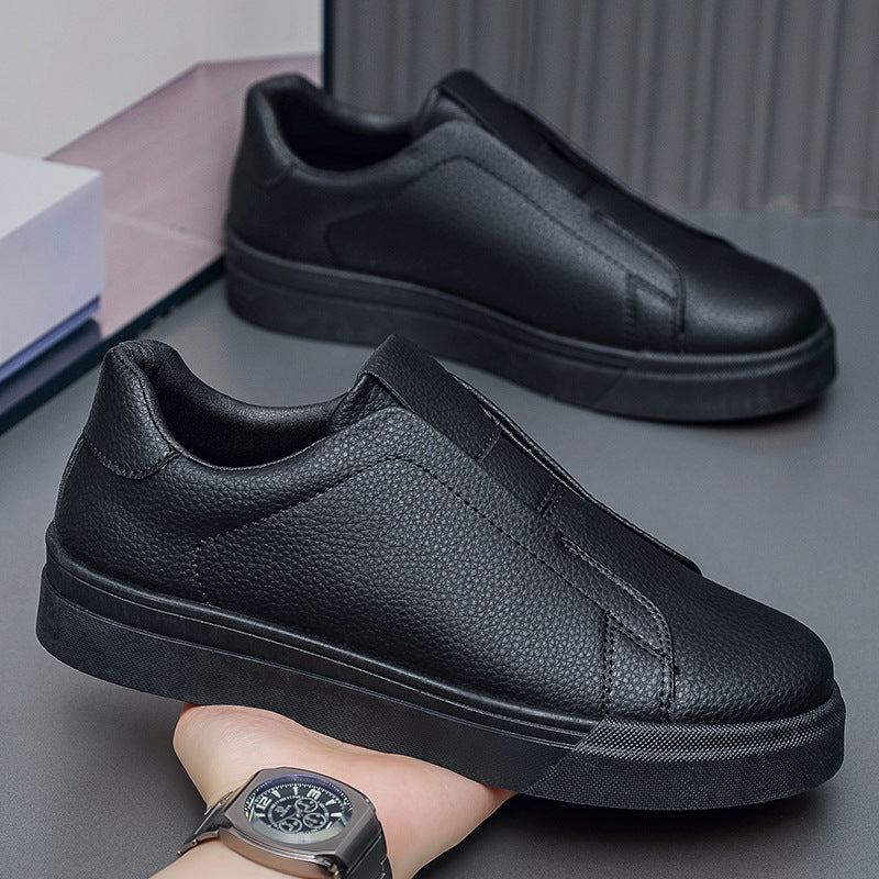 Men's Korean-Style Slip-On Casual Sneakers | PU Leather Round Toe Mid Heel Shoes