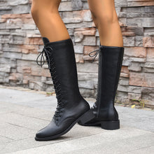 Load image into Gallery viewer, Women's Knee-High Lace-Up Boots | Round Toe Mid Heel PU Leather Boots in Black &amp; Brown