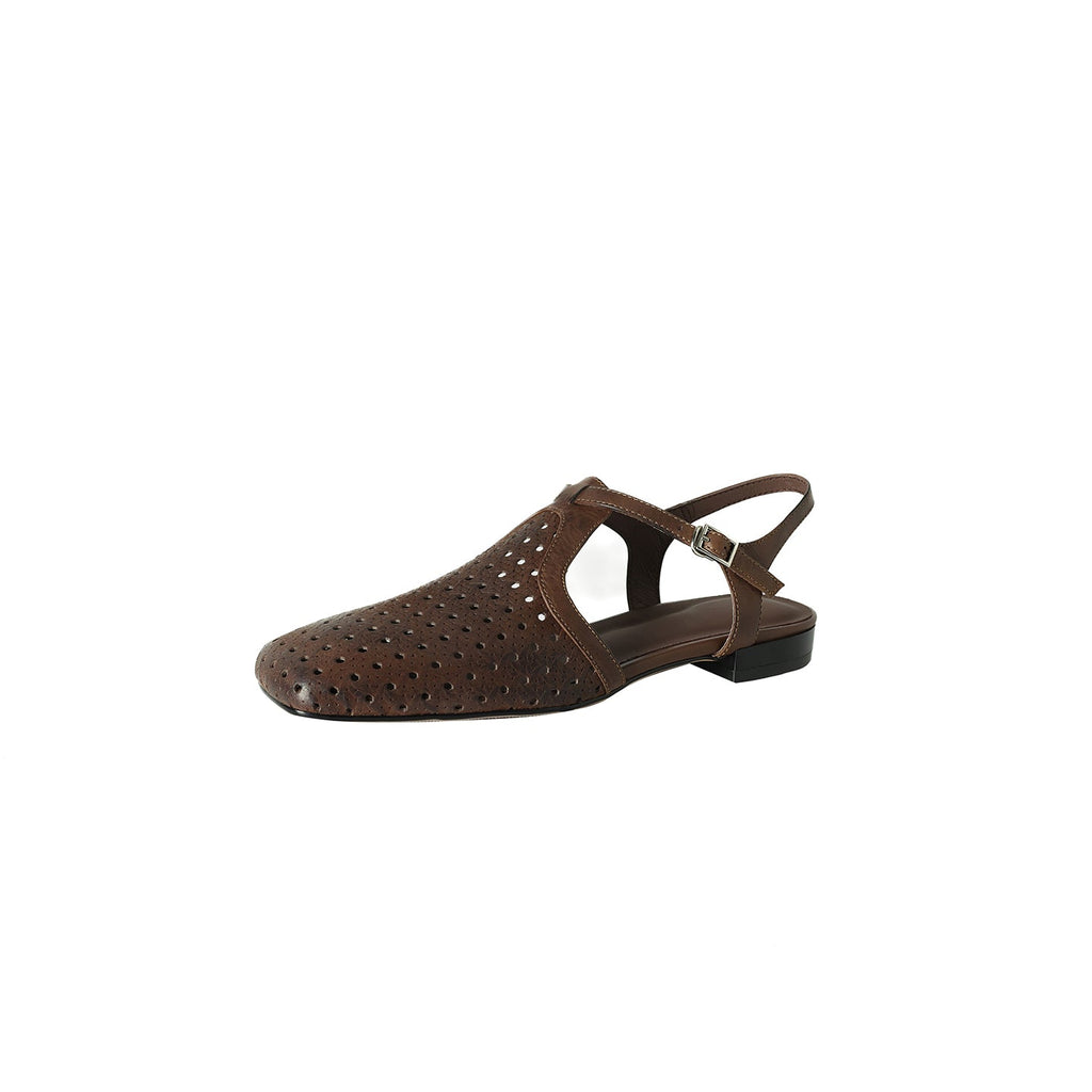Women's Perforated Leather Slingback Sandals | T-Strap Closed-Toe Flat Shoes