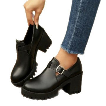 Women's British-Style Chunky Heel Pumps - Round Toe Buckle Closure Casual Shoes