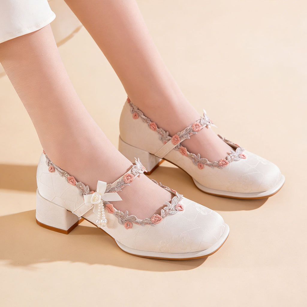 Women's Oriental Jacquard Satin Mary Jane Heels | Embroidered Lace Pearl Square Toe