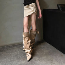 Load image into Gallery viewer, Women's Knee-High Western Boots | Pointed Toe Stiletto Heel | Buckle Detail | Khaki &amp; Black