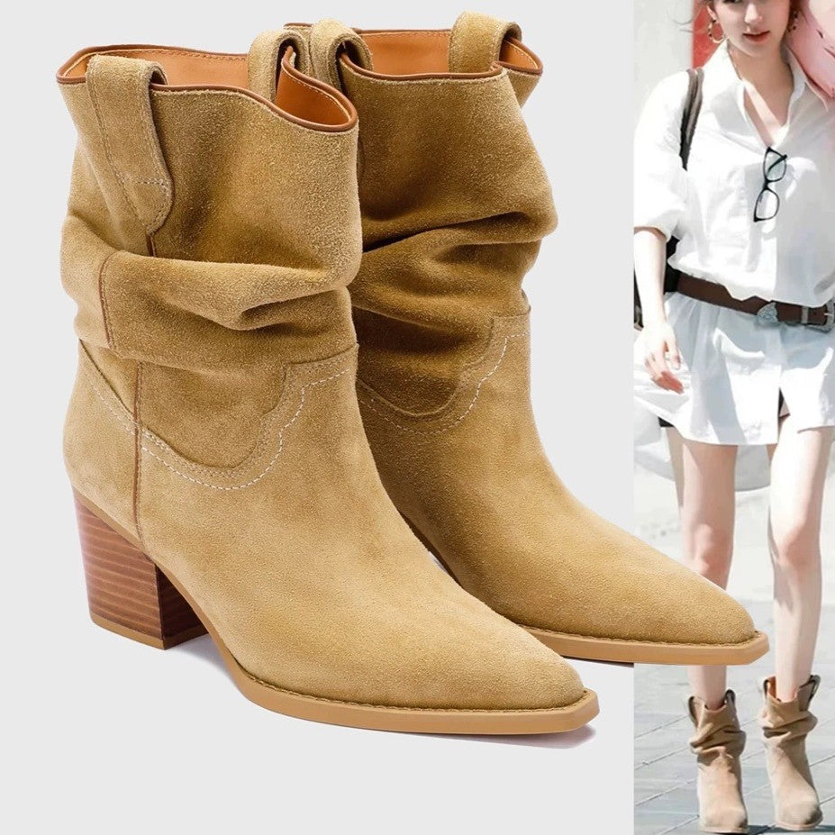 Women's Suede Pointed-Toe Chunky Heel Ankle Boots | Slip-On Mid-Calf Boots