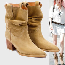 Load image into Gallery viewer, Women's Suede Pointed-Toe Chunky Heel Ankle Boots | Slip-On Mid-Calf Boots