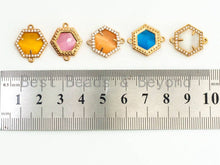 Load image into Gallery viewer, Hexagon Bezel Connector with Faceted Cat's Eye Stone, Gold Plated CZ Micro Pave Frame Connector, Topaz/Blue/White/Pink 14x18mm, sku#A79