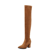 Load image into Gallery viewer, Women's Suede High Heel Boots Pointed Toe Chunky Heel Denim Strap Buckle | Black Beige Brown Red