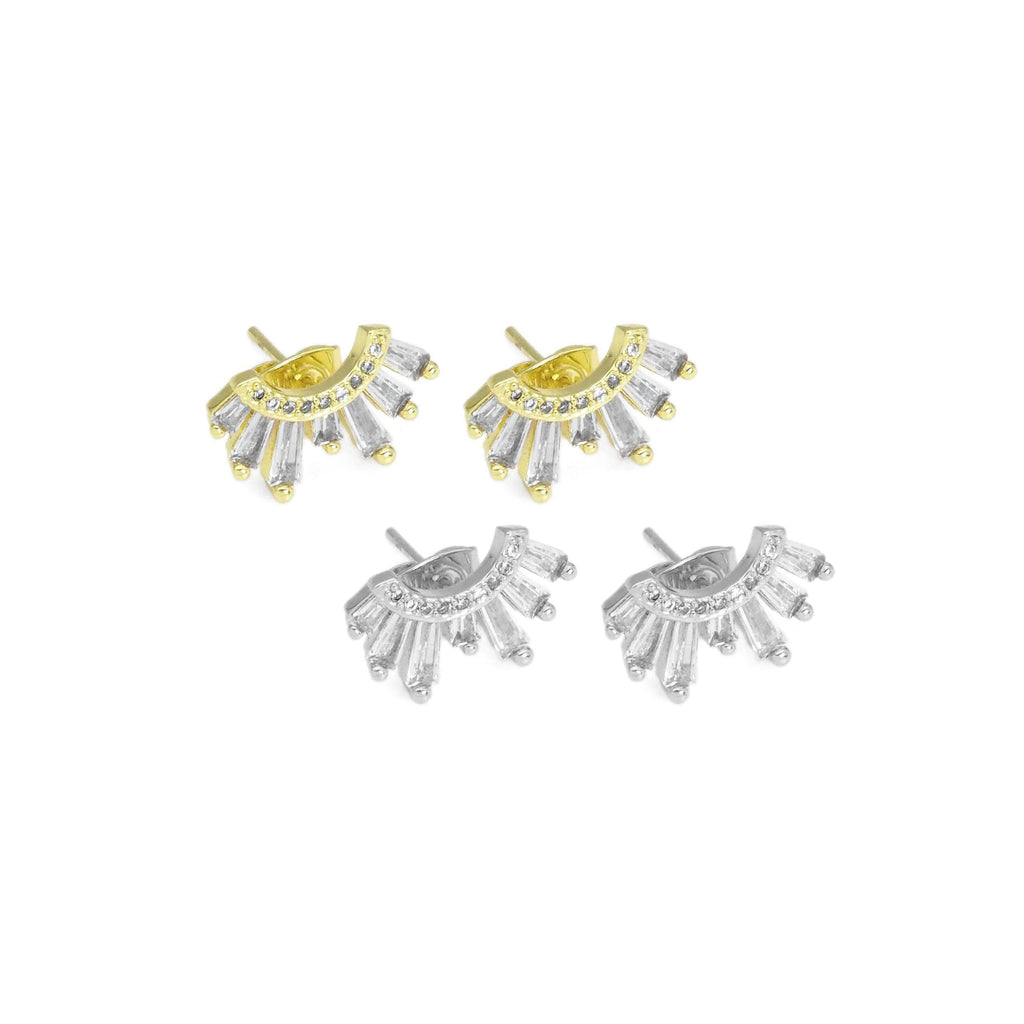 Gold Baguette CZ Half Circle Radial Stud Earrings, Sku#LX424c
