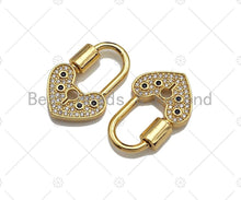 Load image into Gallery viewer, 18K Gold Black Clear CZ Micro Pave Key Heart Lock Clasp, Gold Heart Padlock Charm, Heart Shape Clasp,Pave Lock,17x28mm,sku#K144