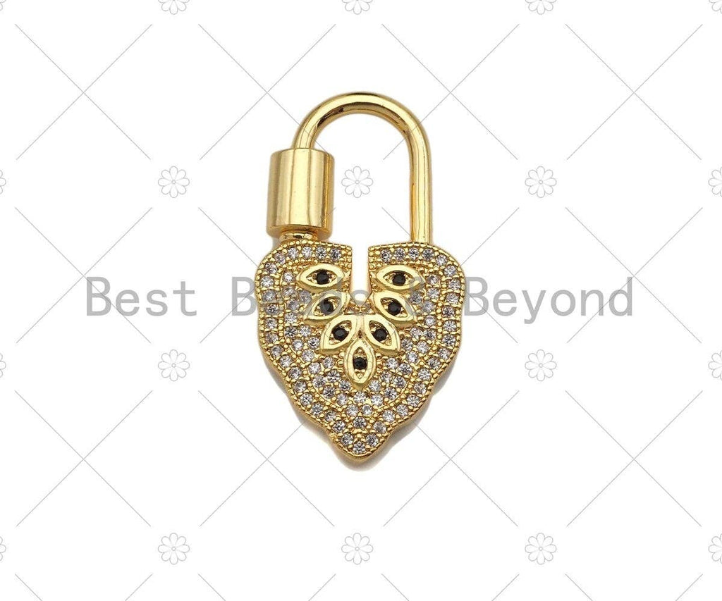18K Gold Black Clear CZ Micro Pave Leaf Shape Clasp, Fancy Lock Clasp, Heart Shape Clasp,Pave Lock Pendant,17x31mm,sku#K148