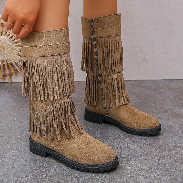 Women's High-Shaft Tassel Boots | Casual PU Leather Side Zipper Boots