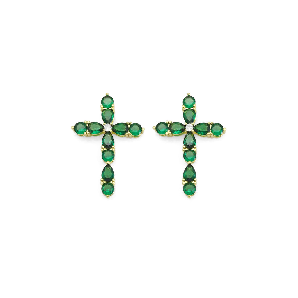 Green Teardrop CZ Gold Cross Charm, Sku#LX356