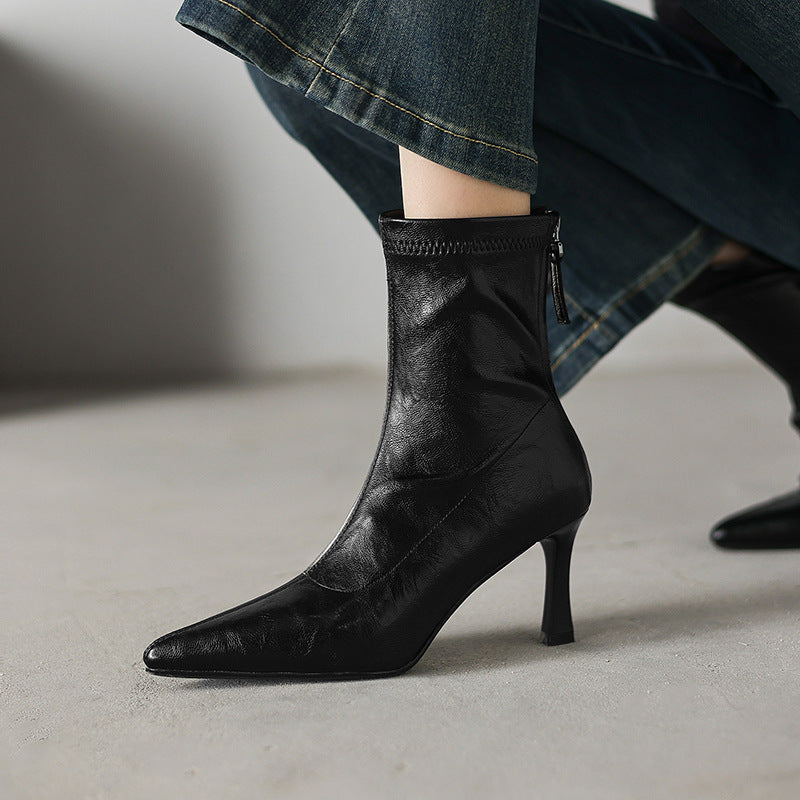 Women's Chunky Heel Ankle Boots – Pointed Toe Back Zipper | Black & Brown