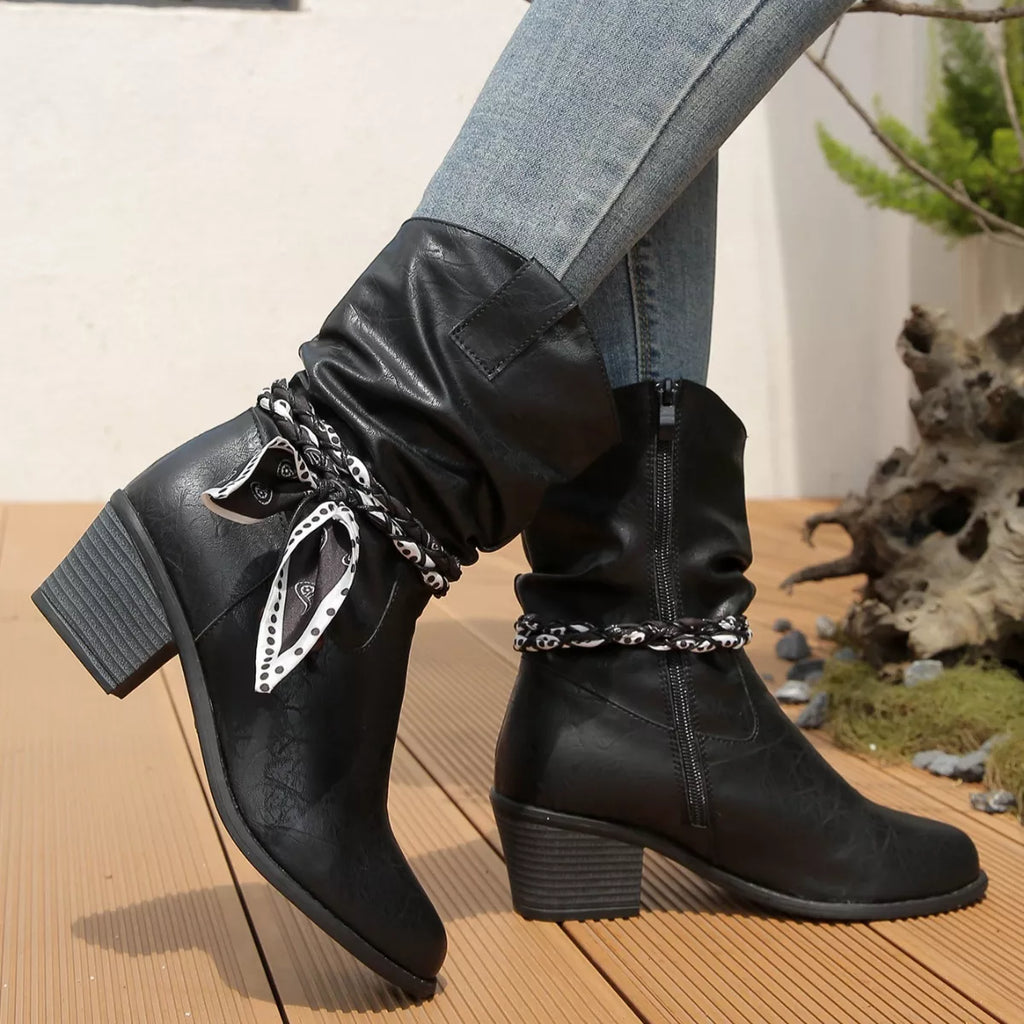 Women's Braided Detail Western Cowgirl Boots | Block Heel Ankle Boots | PU Leather