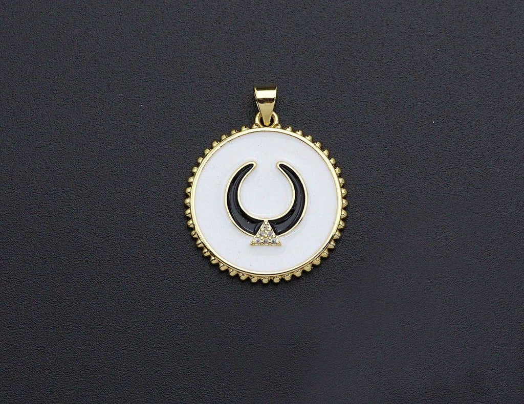 Enamel Horn on Round Disc Cpin Pendant,CZ Micro Pave Oil Drop Horn pendant,Enamel pendant,Enamel Jewelry, 24x27mm, sku#F1045