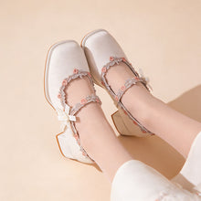 Load image into Gallery viewer, Women's Oriental Jacquard Satin Mary Jane Heels | Embroidered Lace Pearl Square Toe