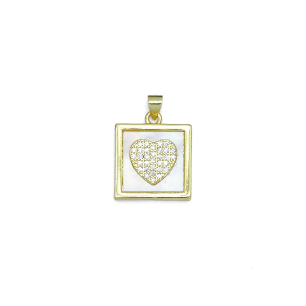 Gold Clear CZ Heart On Square Mother of Pearl Charm Pendant, Sku#LK990