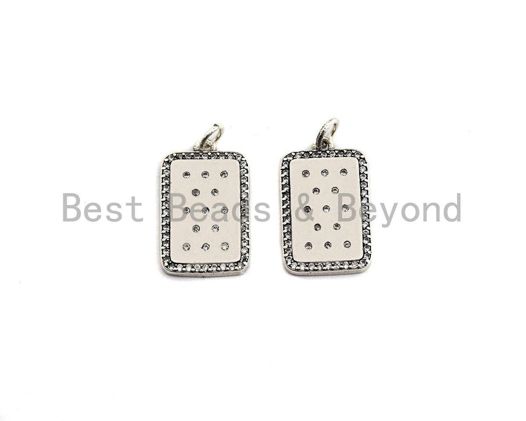 CZ Micro Pave Flat Rectangle Pendant, Antique Silver Tone, Clear Cubic Zirconia Big Pave Charm Pendant, 13x22mm,sku#F1015C