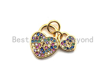 Load image into Gallery viewer, CZ Colorful Micro Pave Big heart Small Heart Lock Pendant, Heart Shaped Pave Pendant, Gold plated, 10x13mm, Sku#F825C