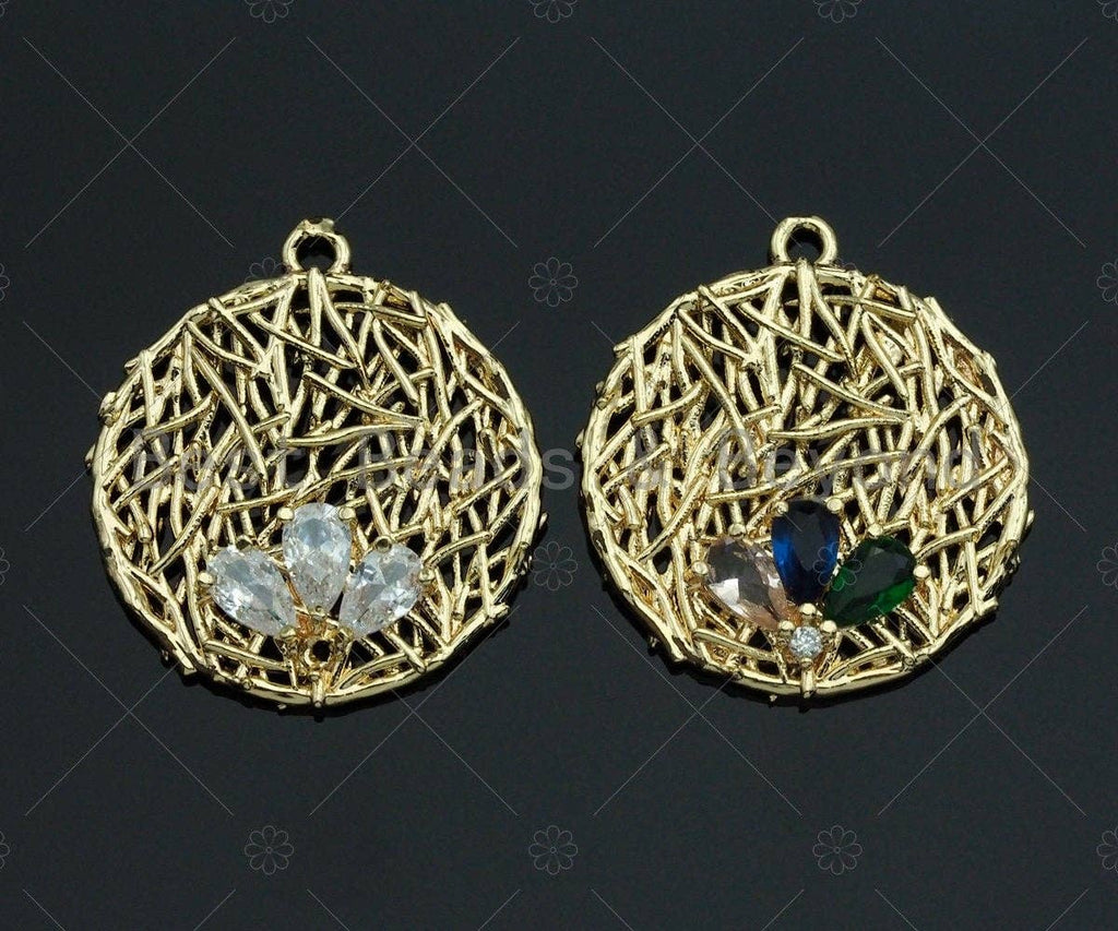 Filigree Gold Lacy Charm with Gemstone, Star/oval/Round/Fan Shape Brushed Gold Twisted Wire Charm for Earrings necklace making, sku#CP12