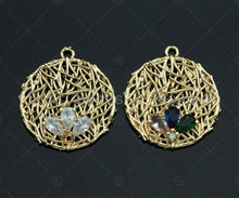Load image into Gallery viewer, Filigree Gold Lacy Charm with Gemstone, Star/oval/Round/Fan Shape Brushed Gold Twisted Wire Charm for Earrings necklace making, sku#CP12