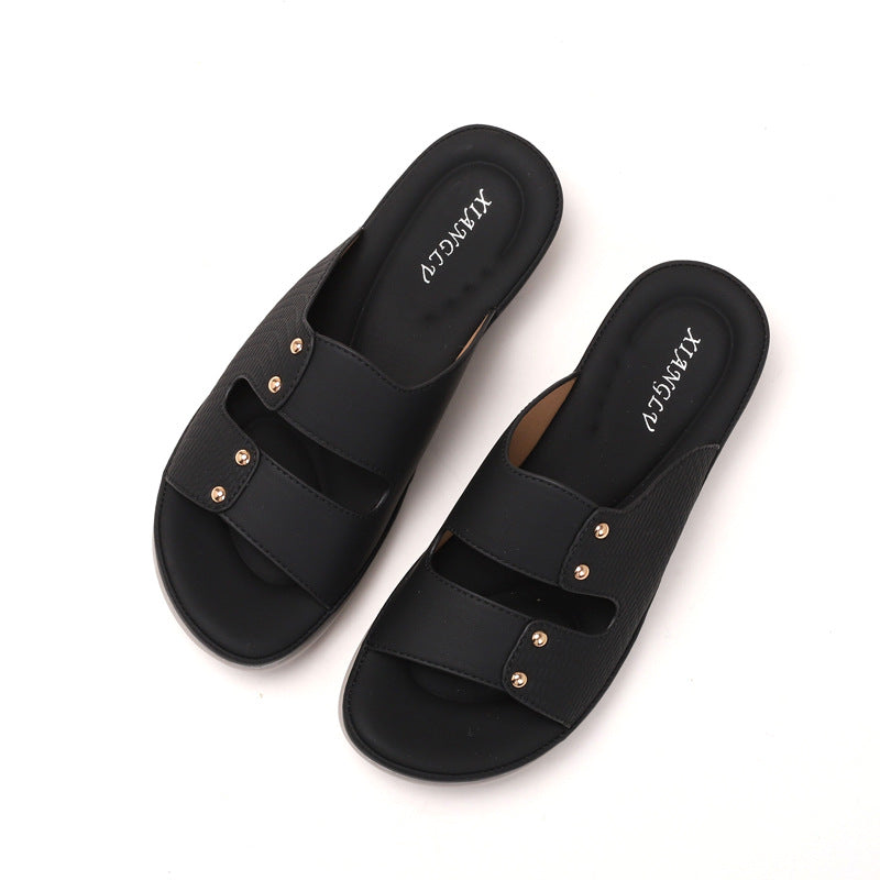 Women's Bohemian Beach Sandals – Round Toe Casual Slip-On Slides | Black, Burgundy, Brown