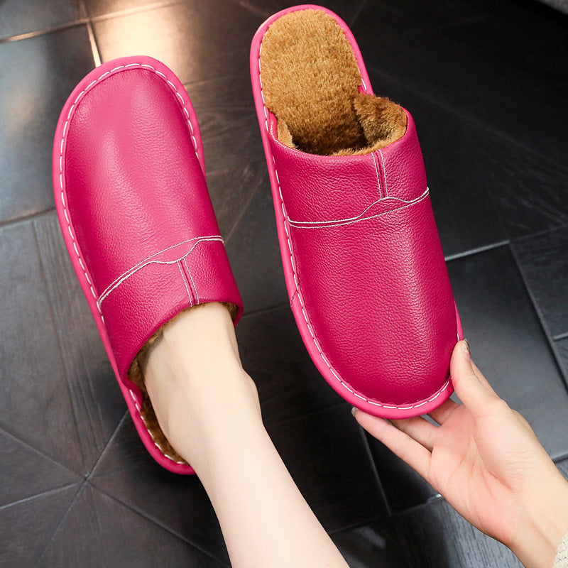 Women's Men's Winter Indoor Leather Slippers | Non-Slip Closed-Toe House Shoes | Cowhide Upper | Couples Slippers