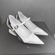 Load image into Gallery viewer, Women's French-Style Pointed-Toe Buckle Heels – Chunky Stiletto Pumps in White &amp; Black