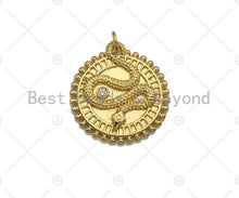 Load image into Gallery viewer, CZ Micro Pave Embossment Snake On Round Coin Charm/Pendant,Emblem Shape Charm, Snake Pave Pendant, Gold plated charm, Sku#LK129