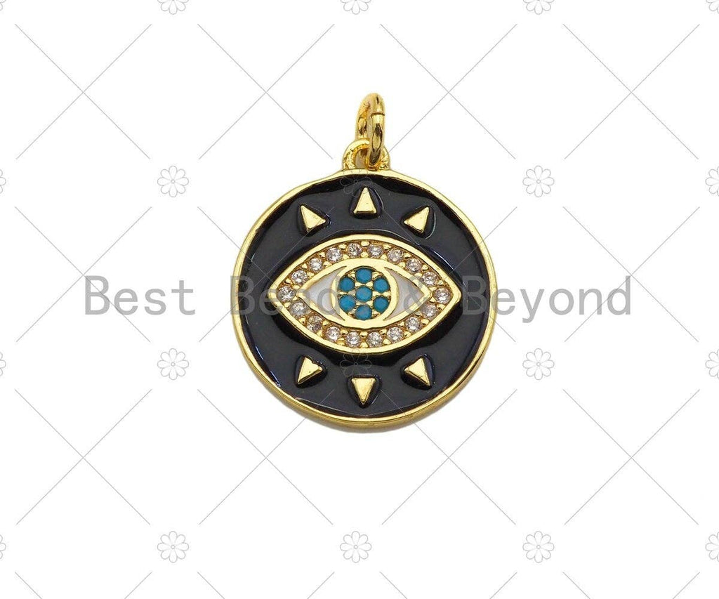 CZ Micro Pave Evil Eye On Colorful Enamel Round Coin Shape Pendant, 18K Gold Enamel Medallion Charm, Enamel Jewelry,17x19mm,Sku#L522