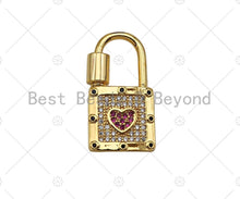 Load image into Gallery viewer, 18K Gold Pink Heart Padlock Clasp, CZ Micro Pave Clasp, Gold Padlock Clasp, Fancy Pave Lock,14x27mm,sku#K147