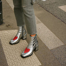 Load image into Gallery viewer, Women's Silver Chunky Heel Ankle Boots – Square Toe Side Zipper Heart Detail