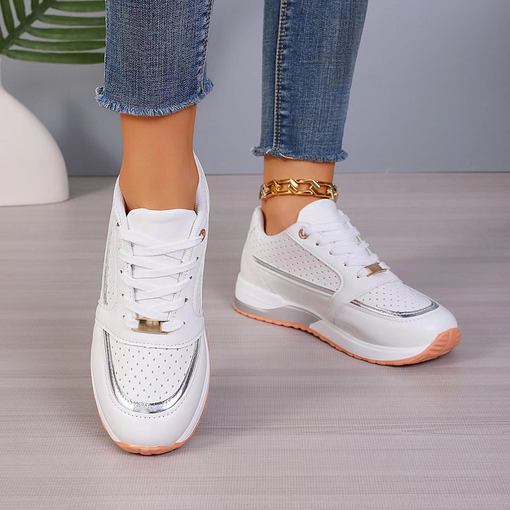Women's Color-block Lace-up Mid-cut Shoes | Synthetic Leather Upper | Mid Heel | Casual Style