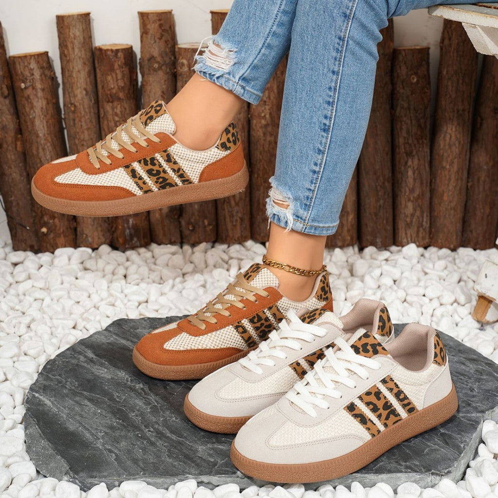 Retro Color-block Lace-up Flat Sneakers – Women's Round Toe PU Mesh Shoes