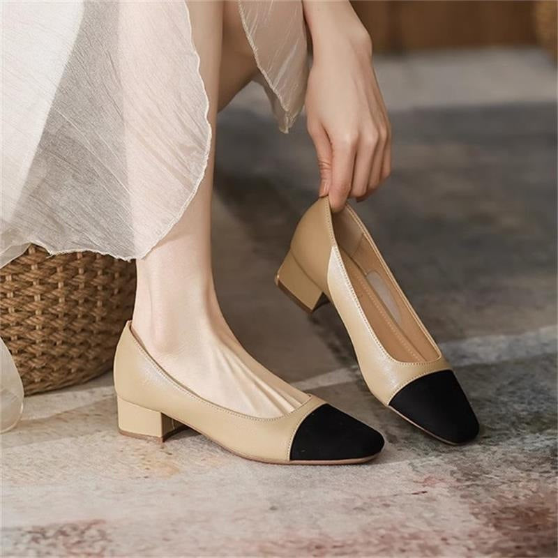 Women's French-Style Chunky Heel Square Toe Pumps - Soft PU Leather Slip-On Casual Shoes